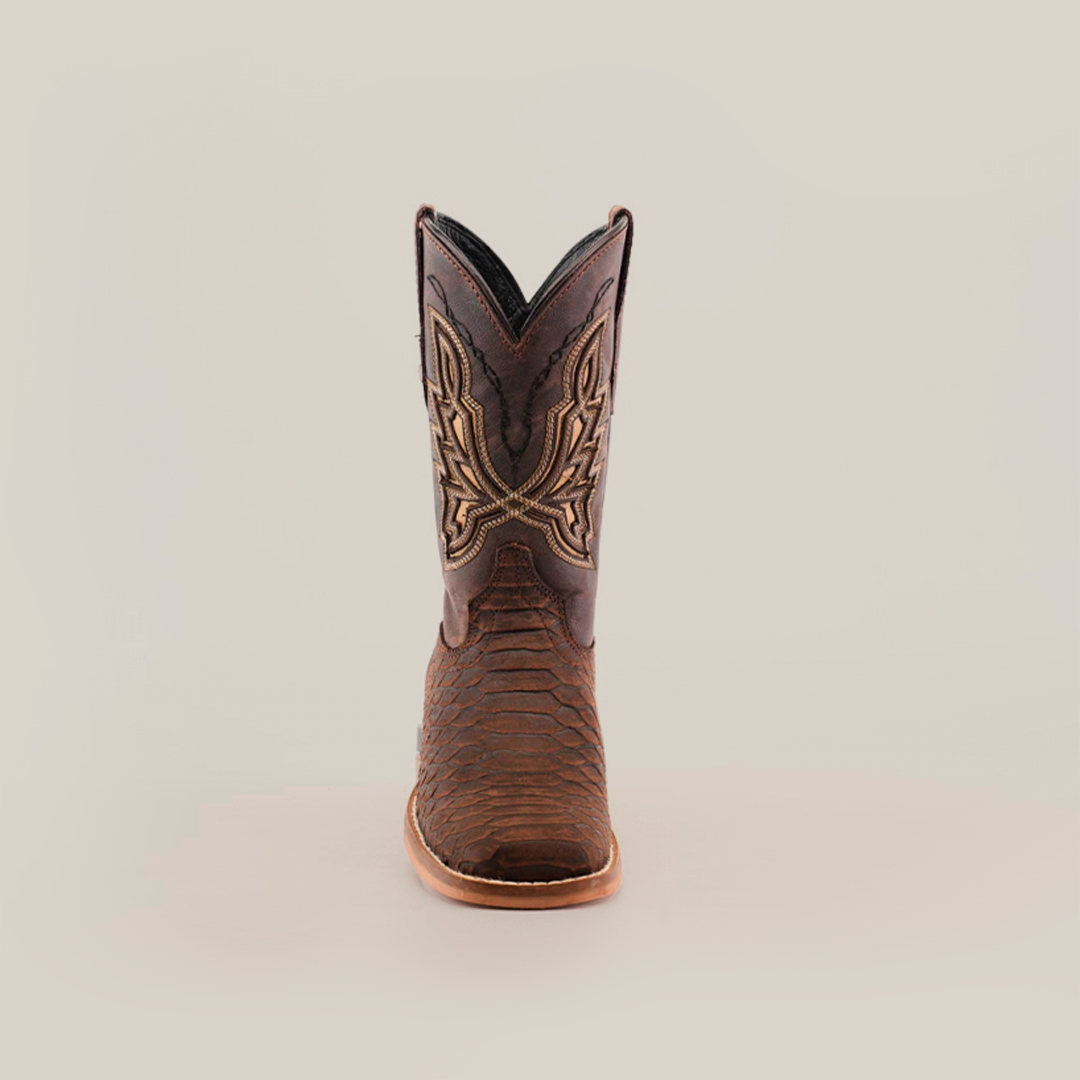 Front view of the Python Print Matte Brown Square Toe cowboy boot made from cowhide leather with decorative stitching on the shaft, featuring a rounded, textured toe and tan sole, set against a plain white background.