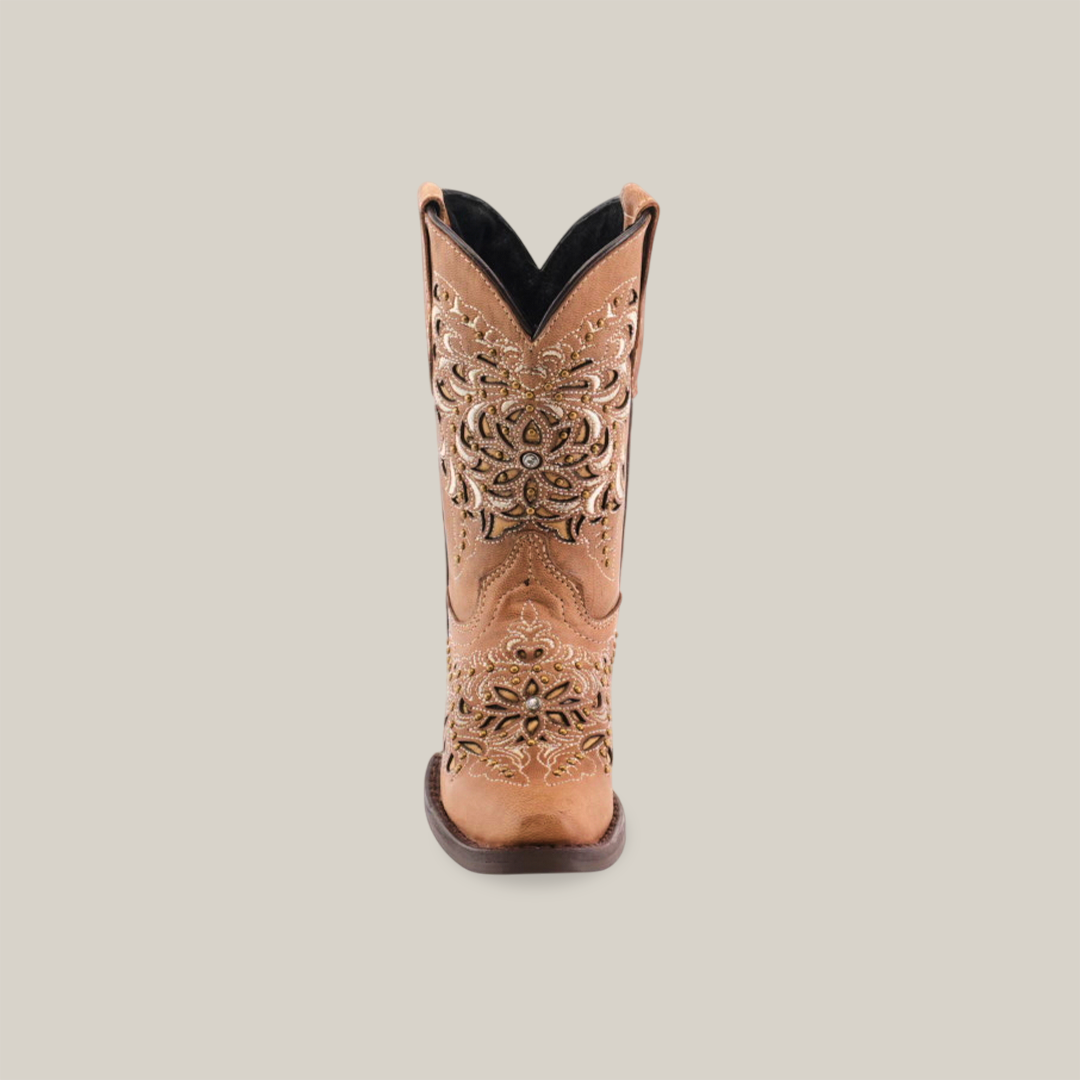 The Kiara Crystals Fawn Snip Toe boots highlight premium leather craftsmanship, intricate floral embroidery in gold and brown, and a stylish snip toe design with a tall shaft, all elegantly set against a plain white background.