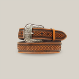 The Ariat Western Mens Leather Belt, model A1013248, exudes rugged elegance with a basketweave pattern and ornate floral conchos. Its brown texture embraces Western heritage, making it an ideal addition to mens leather accessories.