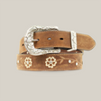 The Ariat Womens Floral Rhinestone Concho Belt (A1510202) epitomizes western style with its ornate silver buckle, floral embroidery, and silver studs. Coiled against a plain white background, this brown leather belt is a standout in womens fashion.