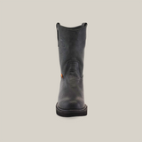 The Black Roper - Laredo Sole - Soft Toe boot stands on a white background, highlighting its front view. Made from premium cowhide, this durable work boot has a rugged texture, rounded toe, subtle stitching, and a small orange side tag.