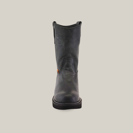 The Black Roper - Laredo Sole - Soft Toe boot stands on a white background, highlighting its front view. Made from premium cowhide, this durable work boot has a rugged texture, rounded toe, subtle stitching, and a small orange side tag.