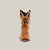 The Matcat Fawn - Square Toe is a premium leather tan cowboy boot with intricate dark brown embroidery on the shaft, decorative stitching, and a square toe, showcased front-facing against a plain white background.