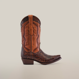 The Handtooled Flowers Brown boots in premium leather feature intricate dark detailing on the toe, heel, and shaft. These handcrafted elegance pieces boast a snip toe and low heel, all set against a plain white backdrop.