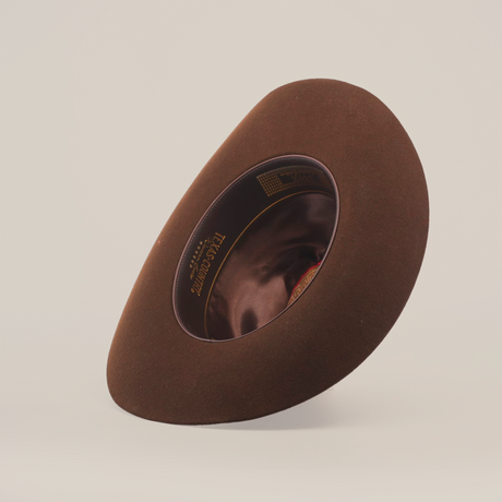 The 6X 2 Carnales Brown felt hat, made from premium sheep wool, boasts a rounded crown and wide brim. Displayed on its side against a white background, it reveals the inner lining with a logo and ribbon trim—a standout piece of western headwear.