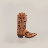 A single handcrafted Croella Fawn Crystals boot, featuring intricate swirl and floral stitching on a brown leather backdrop with snip toe and low heel, is set against a plain white background.