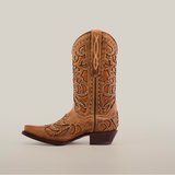 The Cotulla Fawn Crystals cowboy boot showcases luxurious craftsmanship with intricate dark-thread stitching, a snip toe, and a wooden heel. Set on a plain white background, this light brown boot epitomizes Western fashion.