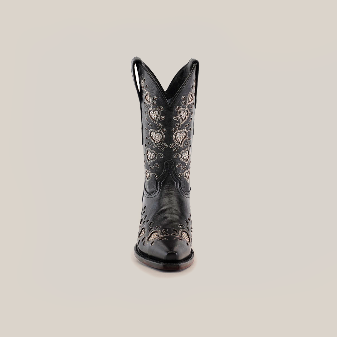 Front view of a Studded Hearts Black Short Shaft boot featuring intricate floral embroidery and decorative patterns on the snip toe, highlighting luxury bootmaking craftsmanship. This handcrafted piece is set against a plain white background.