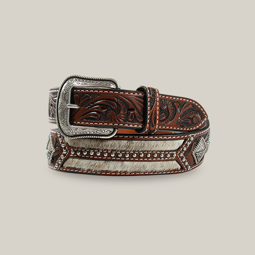 The 3D Western Mens Belt, model D100013602, is crafted from premium brown leather featuring intricate floral tooled patterns, a silver ornate buckle, embossed details, decorative stitching, and subtle geometric designs for an exquisite look.