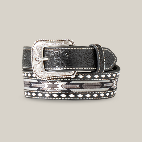 The Ariat Western Boys Belt (A1308101) features a black leather design with intricate silver buckle details and decorative white stitching. It boasts a geometric pattern in gray and black for a stylish, textured, Western-inspired look.