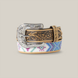 The Angel Ranch Western Girls Belt D130003197 features a silver floral buckle with rhinestones and a leather band adorned with a multicolor beaded geometric pattern, perfect for young cowgirls seeking stylish accessories.