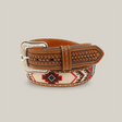 Experience rugged elegance with the Ariat Mens Brown Basketweave Western Belt (A1033297), featuring a decorative silver buckle, red, black, and turquoise Aztec beaded patterns, textured leather accents, and metal studs—perfect for embracing Western heritage.