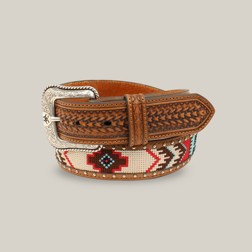 Ariat Men's Brown with Aztec and Studs Basketweave Western Belt - A1033297