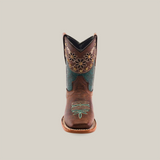 Front view of the Grecas Tabaco - Square Toe boot, handcrafted from premium leather with turquoise and gold embroidery. The floral and geometric design adorns the upper shaft and toe, complemented by a light brown sole, embodying classic western style.