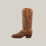 The Vitralli Crystals Fawn - Mid Shaft - Narrow Square Toe boots showcase brown leather with intricate floral cutouts, mid-calf height, and a low stacked heel. Handcrafted with care, they include a top pull strap and smooth toe against a plain white background.