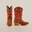 The Mia Copper Suede Snip Toe boots are brown, featuring red rose embroidery and snake designs. Handcrafted from premium leather, they have wooden heels and intricate stitching. One boot stands upright; the other lies flat to highlight detailing.