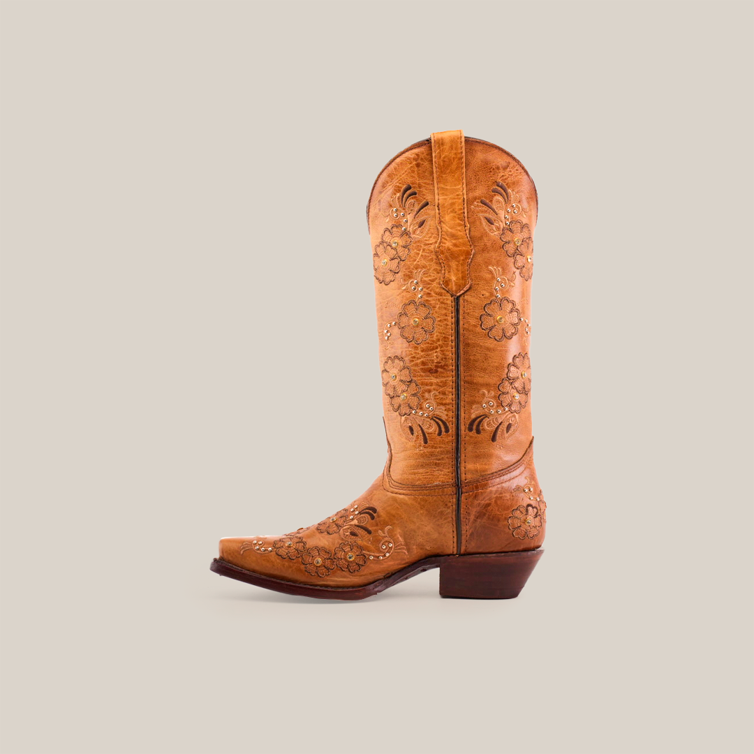 The Florilandia Orix Mid Shaft Snip Toe cowboy boot features tan leather with floral embroidery, a snip toe design, and a stacked heel, all presented on a plain white background.