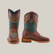 The Grecas Tabaco - Square Toe boots feature intricate turquoise embroidery and floral patterns. One boot displays its toe and shaft design, while the other emphasizes detailed stitching and a sturdy heel. Both handcrafted brown boots stand upright against a white background, showcasing traditional craftsmanship.