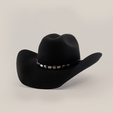 Experience luxury western wear with the 6X Bull Black cowboy hat, a premium felt design featuring a slightly curved brim and a decorative band with metallic accents around the crown, set against a plain white background.