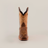 A single brown cowboy boot from the Western Stitch Camel - Short Shaft - Narrow Square Toe collection, crafted from premium leather with decorative stitching on the shaft and toe, is displayed against a plain white background.