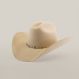 The 6X Country Bone, a beige felt cowboy hat made from soft sheep wool, is decorated with a metal concho band. This Western classic features a wide brim and pinched crown, elegantly set against a plain white background.