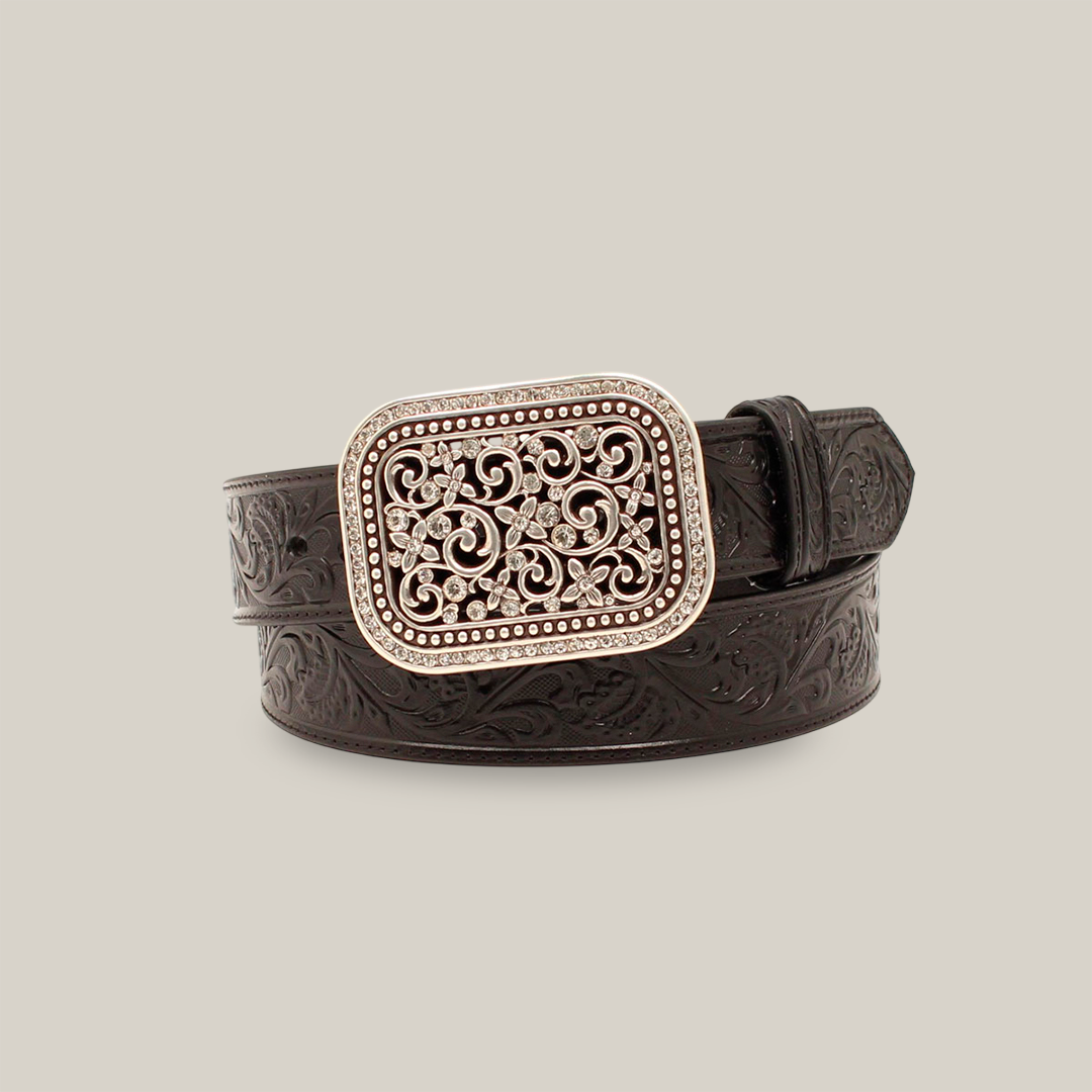 The Ariat Western Womens Belt (model A10006901) is a black leather accessory with embossed patterns, neatly coiled and featuring a rectangular silver buckle with ornate swirling designs, adding elegance and a hint of Western style.