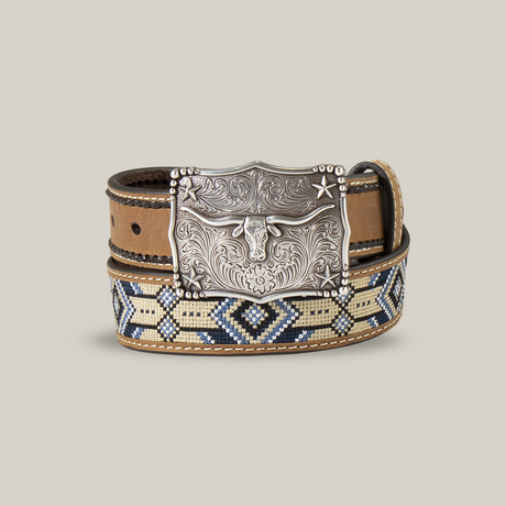 The 3D Western Boys Belt (D120003002) is a brown leather belt with a silver bulls head buckle and features an embroidered pattern in blue, black, and cream, perfect for enhancing any leather accessories collection.