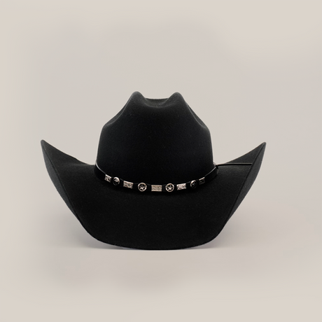 The 6X Bull Black is a luxurious western hat featuring a curved brim and a decorative band with silver emblems, standing elegantly against the plain white background.