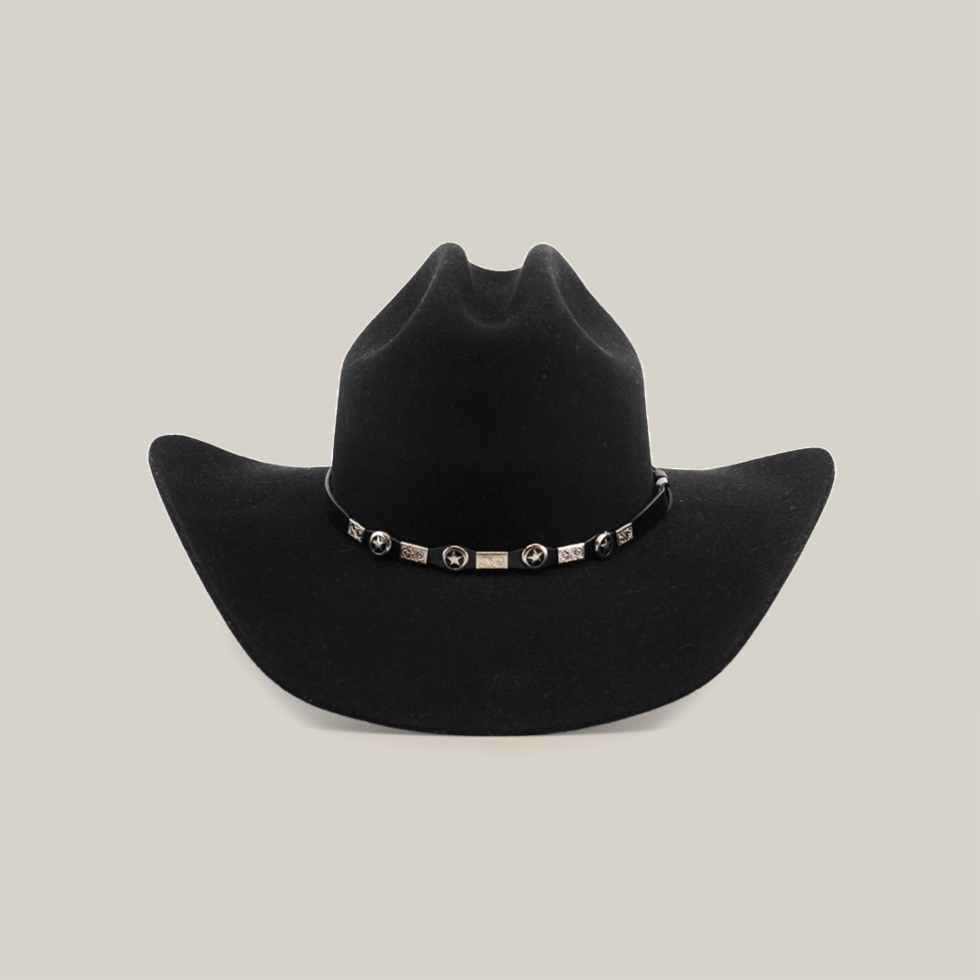 The 6X Dallas Black felt hat, with its slightly curved brim and a decorative band of silver conchos around the crown, exudes Western sophistication. Its elegantly displayed against a white background.