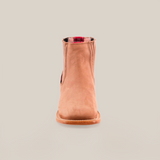 The Prime Suede Sand Square Toe ankle boot is shown facing forward on a white background, highlighting its smooth texture and contrasting red interior lining—ideal for any fashion-forward wardrobe.