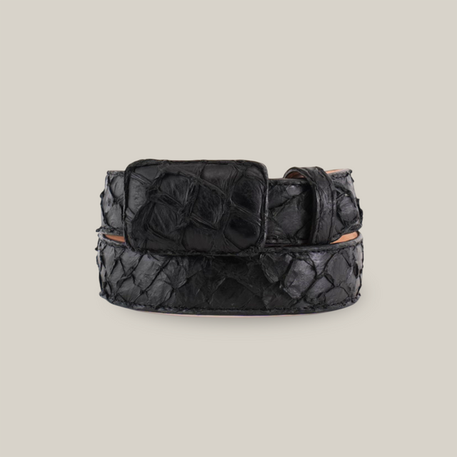 Exotic Full Quilt Pirarucu Fish - Matte Black Belt, with a textured finish and rectangular buckle, displayed against a plain white background.