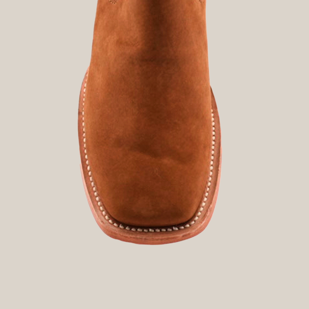 Top view of the Prime Suede Caramel Square Toe ankle boot, featuring a square toe and visible white stitching, against a plain white background.