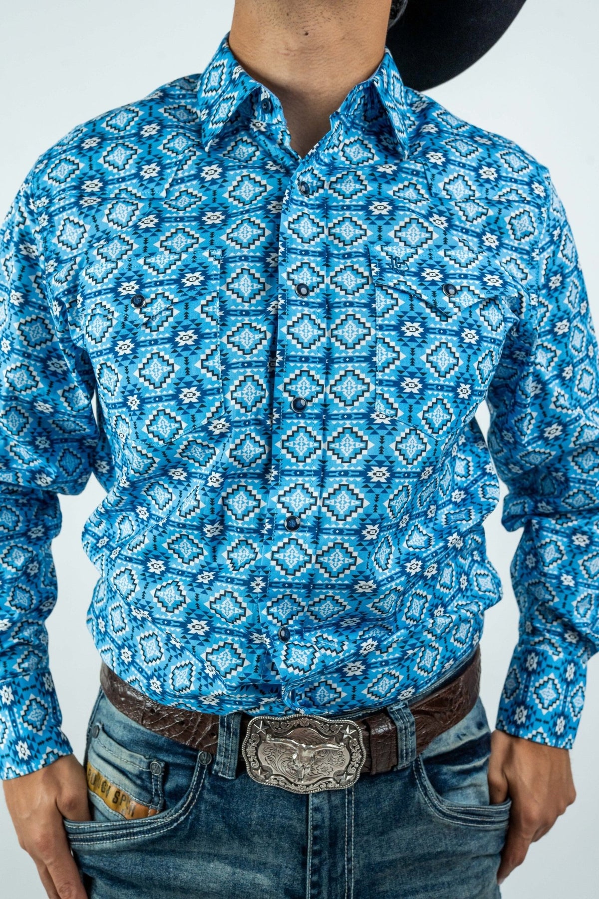 Texas Country - Blue Aztec Pearl Snap Long Sleeve Shirt (PS100L/T #173) - Gomez Western Wear