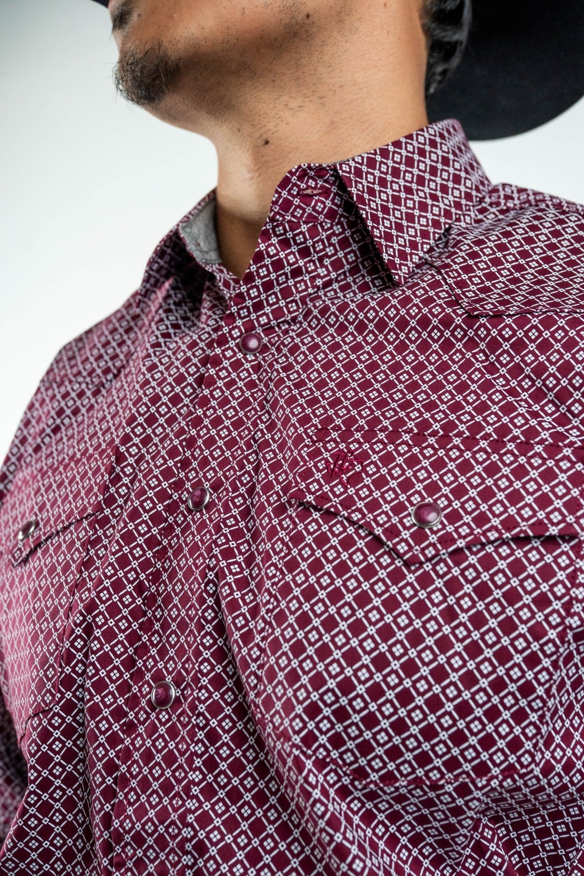Texas Country - Burgundy Diamond Print Peal Snap Long Sleeve Shirt (PS100L/T #159) - Gomez Western Wear