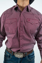 Texas Country - Burgundy Diamond Print Peal Snap Long Sleeve Shirt (PS100L/T #159) - Gomez Western Wear