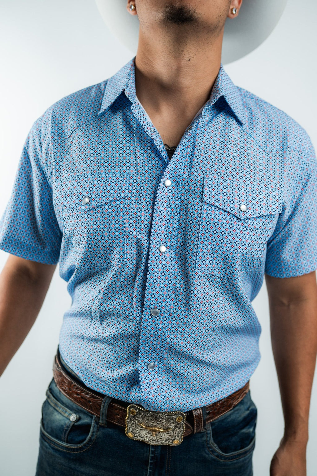 Texas Country - Geometric Blue Pearl Snap Short Sleeve Shirt (RT101S/T #1105) - Gomez Western Wear