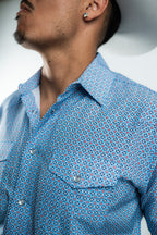 Texas Country - Geometric Blue Pearl Snap Short Sleeve Shirt (RT101S/T #1105) - Gomez Western Wear