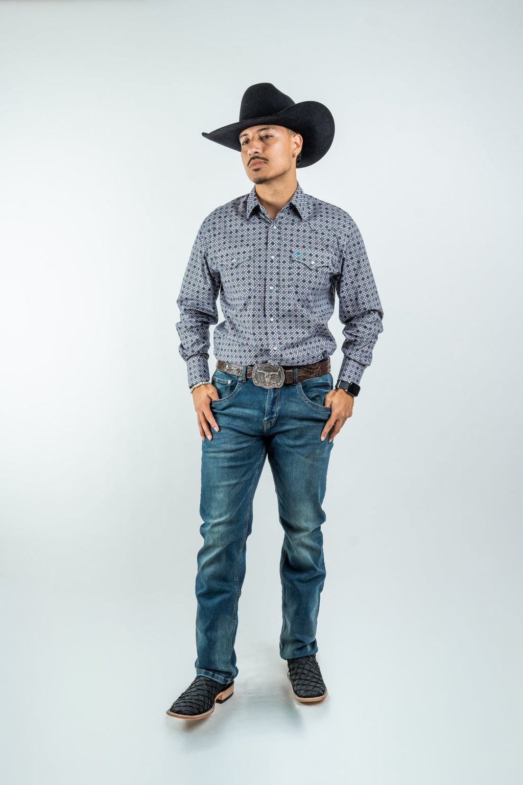 Texas Country - Gray Geometric Print Pearl Snap Long Sleeve Shirt (PS100L/T #1076) - Gomez Western Wear