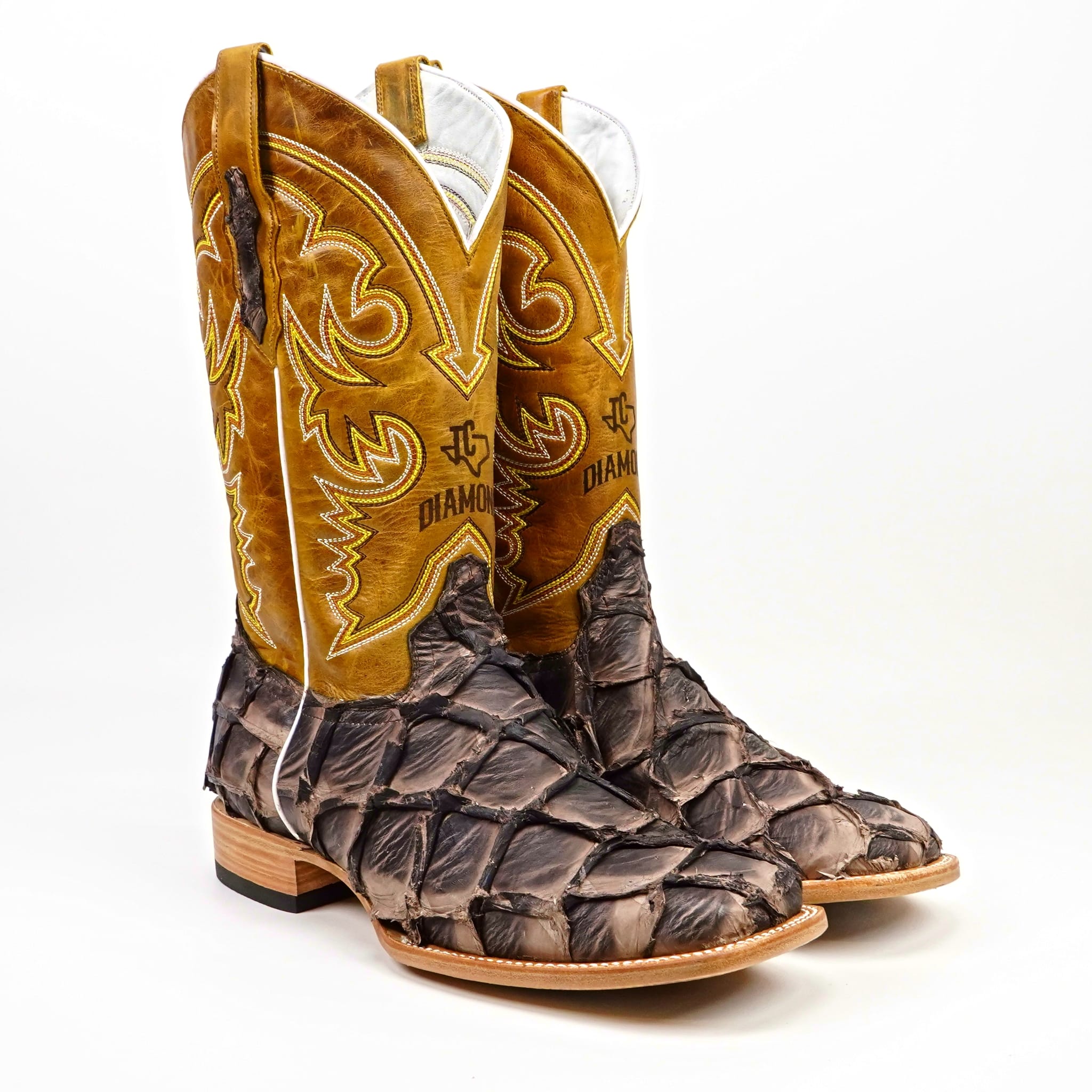 Texas Country Mens Diamond Collection Butch Pirarucu Fish Boots - Matte Brown - Square Toe