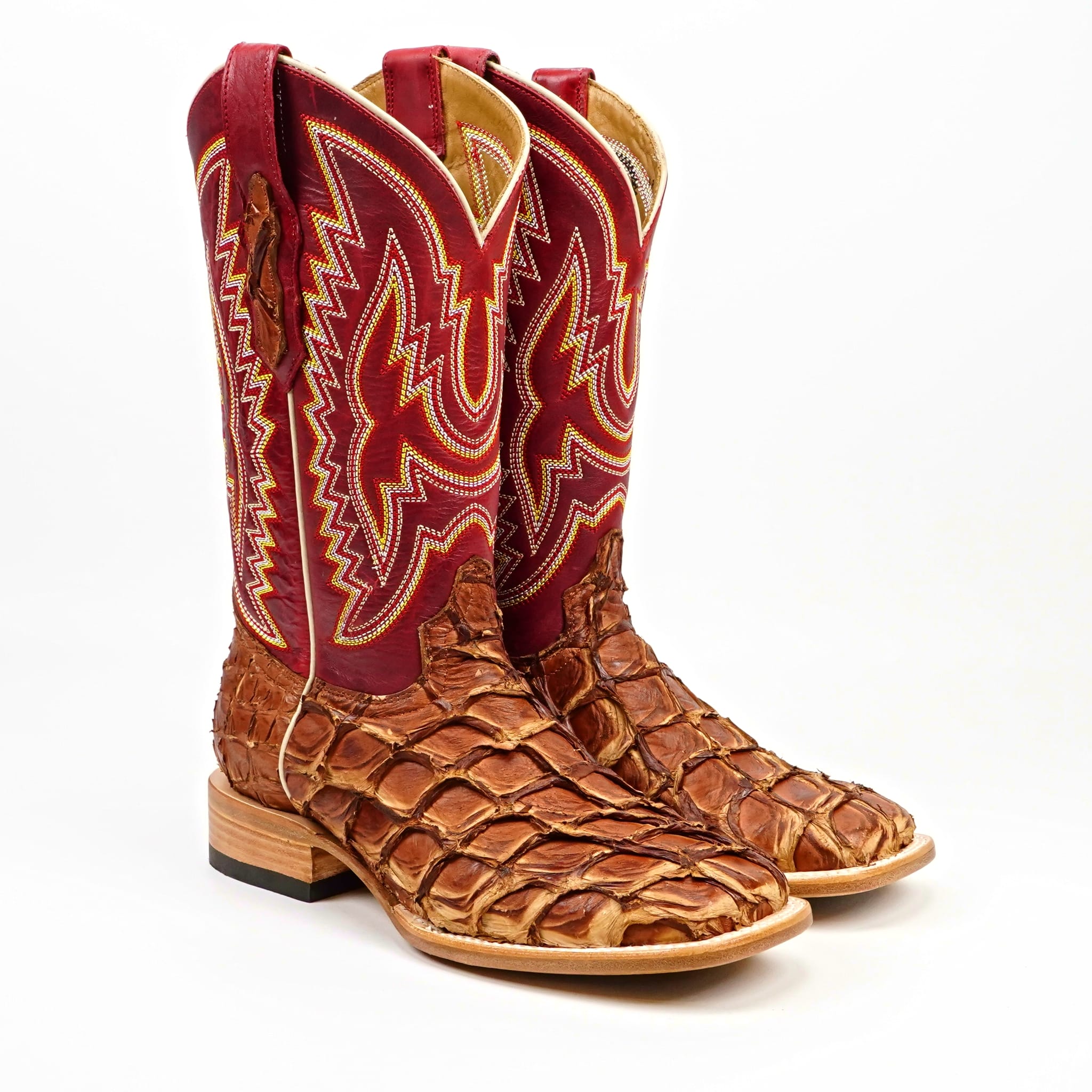 Texas Country Mens Diamond Collection Butch Pirarucu Fish Boots - Matte Pecan - Square Toe