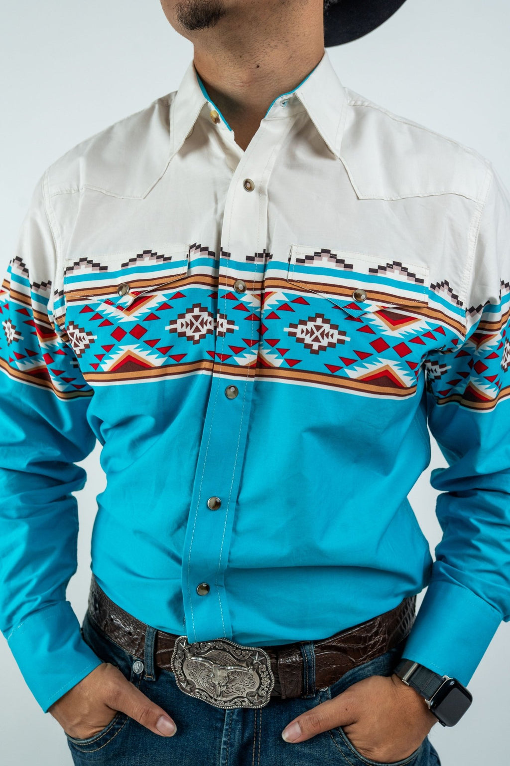 Texas Country - Turquoise Southwestern Pearl Snap Long Sleeve Shirt (MOD1090) - Gomez Western Wear