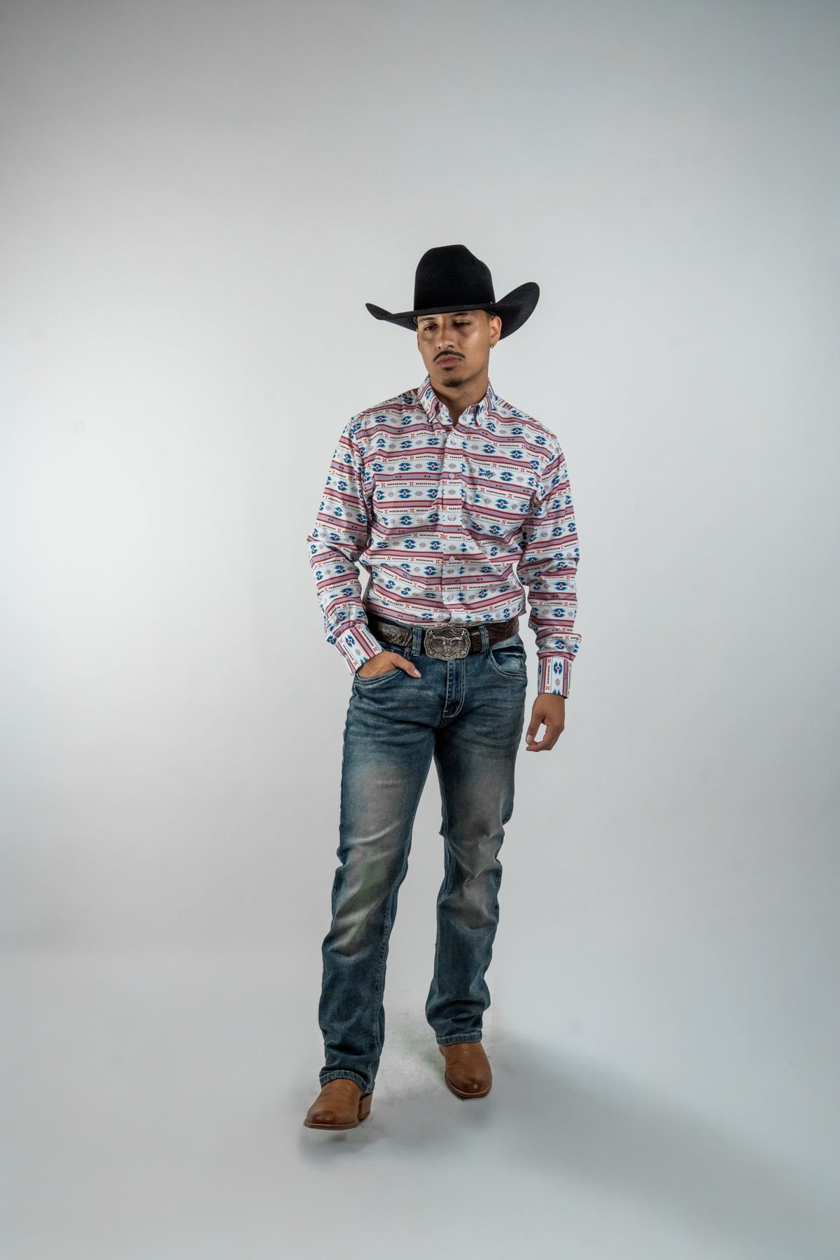 Texas Country - White Aztec Stripe Pearl Snap Long Sleeve Shirt (PS300L/T #1054) - Gomez Western Wear